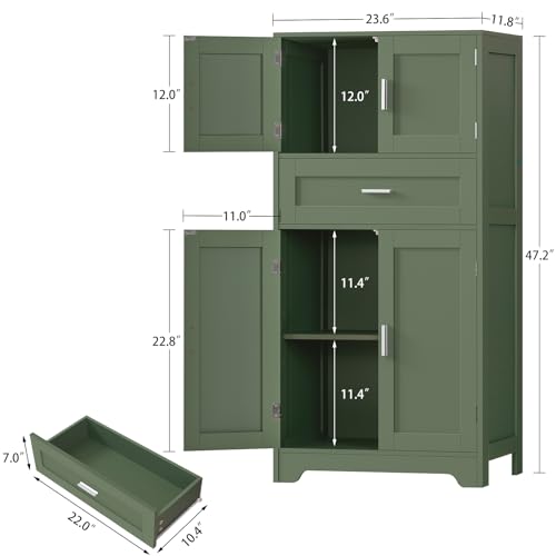 Image of TEENFON Bathroom Floor Storage Cabinet with Adjustable Shelf, Freestanding Storage Cabinet with 4 Doors, Cupboard for Living Room, Home Office, Entryway, Forest Green