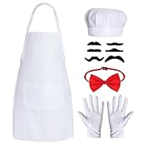 10Pcs White Apron Halloween Chef Costumes for Men Women Adult Swedish Chef Costume Chef Apron Hat Set Baker Costume Chef Cosplay Props Include White Chef Hat Apron Bow Tie Gloves Adhesive Fake Beard
