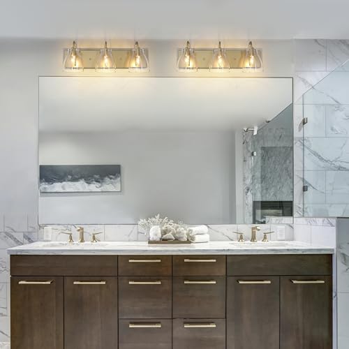Image of KSANA Gold Bathroom Light Fixtures, 22'' Modern Vanity Lights with Clear Bell-Shaped Glass Shade, 3-Light Bathroom Lighting Over Mirror