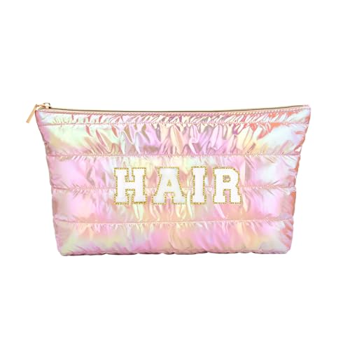 Hiroyuki Iridescent Makeup Bag, 14 inches Cosmetic Bag, Large Capacity Travel Pouch (Hair, pink)
