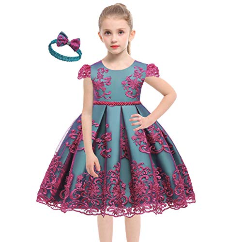 WOCINL Baby Girls Christening Backless Embroidered Lace Dress Princess Bowknot Wedding Birthday Party Baptism Gown w/Headwear Teal & Purple 5-6T