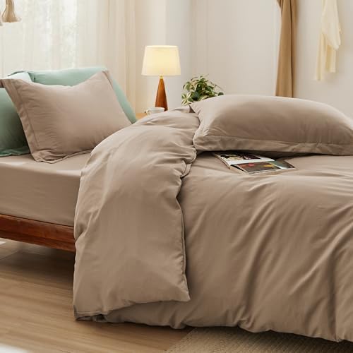 Image of Bedsure Duvet Cover Queen Size with Fitted Sheet - 4 Pieces Prewashed Cotton-Like Polyester Extra Soft Bedding Set, Includes 1 Duvet Cover 90x90 Inches, 2 Pillow Shams, 1 Fitted Sheet, Light Brown