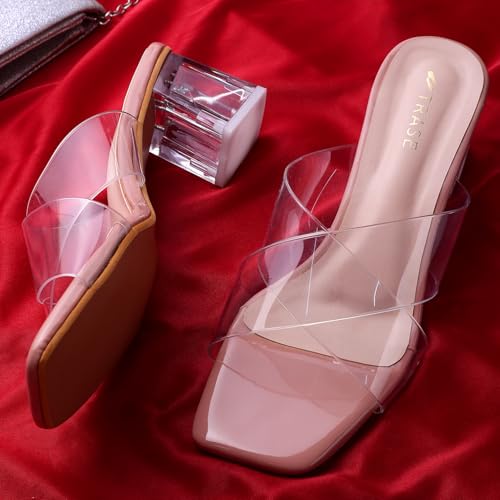 Image of TRASE Transparent Cross Strap Block Heels for Women Stylish | Fashionable Heel Sandals for Girls | Elegant & Formal Footwear