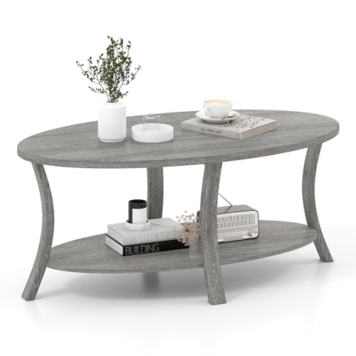 COSTWAY Couchtisch, ovaler Wohnzimmertisch mit Ablage, 2-stöckiger Beistelltisch, Sofatisch, Kaffeetisch für Wohnzimmer, Büro, Empfangsbereich, 111 x 60,5 x 47 cm (Grau)