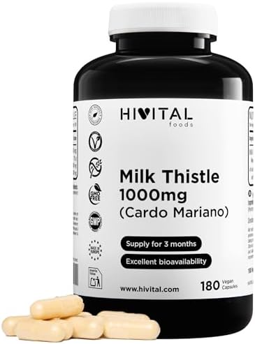 Cardo Mariano 1000 mg. 180 capsule vegane per 6 mesi di trattamento. Estratto concentrato 25:1 con l'80% di silimarina e il 30% di silibina e isosilibina. Prodotto in Europa da HIVITAL