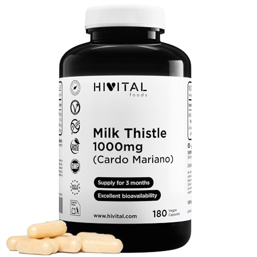 Cardo Mariano 1000 mg. 180 cápsulas veganas para 6 meses de tratamiento. Extracto concentrado 25:1 con un 80% de Silimarina y un 30% de Silibina e Isosilibina. Fabricado en España por HIVITAL
