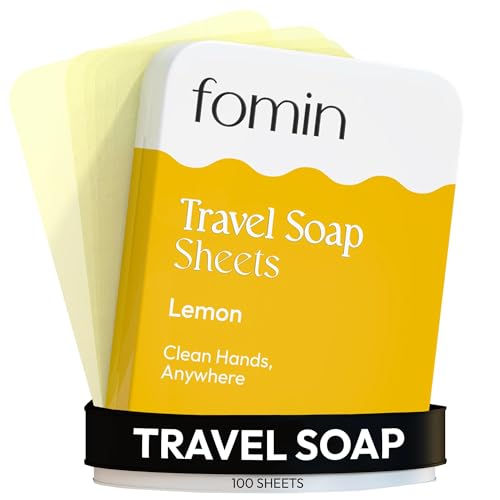 FOMIN - Paper Soap Sheets for Traveling - 100 Lemon Portable Camping Soap Sheets for Travel in Tin - Dissolvable Mini Portable Travel Soap Sheet for Hand Washing