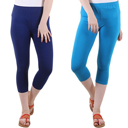Image of DIAZ Women Cotton Stretchable Capri | Slim /Regular Fit | Breathable Yoga, Gym & Lounge Wear | High-Waist Stretchable 3 /4 Length Leggings with Wide Waistband - Pack of 2