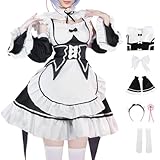 PTLYE Women French Lolita Fancy Apron Maid Dress Cosplay Outfit Anime Ram Rem Costume Halloween with Socks Headwear (Maid 00-3XL)