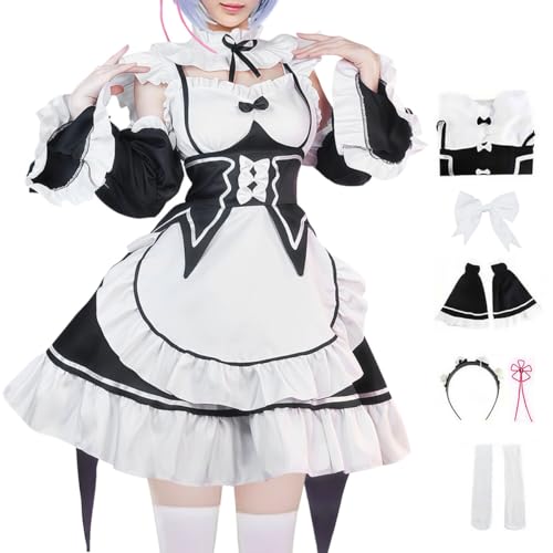 PTLYE Women French Lolita Fancy Apron Maid Dress Cosplay Outfit Anime Ram Rem Costume Halloween with Socks Headwear (Maid 00-L)
