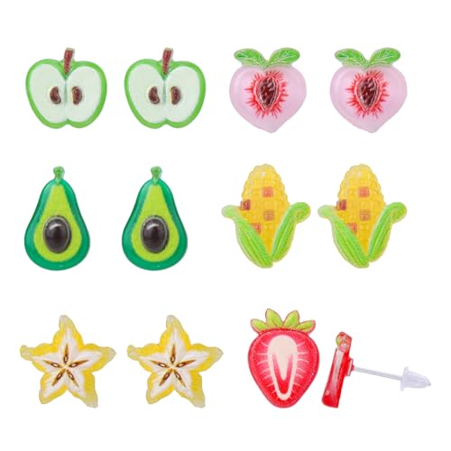 6 Pairs Fruit Earrings Studs, Adorable Plastic Earrings for Sensitive Ears Cute Strawberry Starfruit Corn Avocado Ear Jewelry for Women