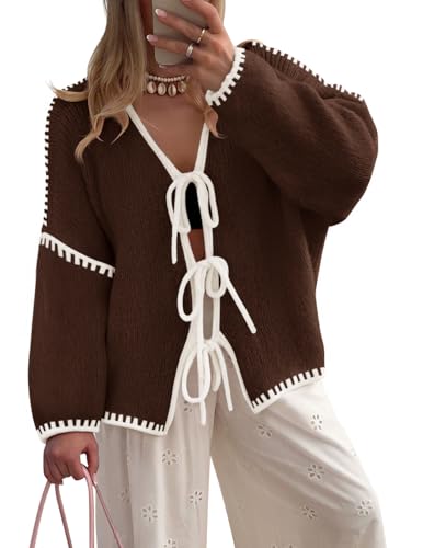 ZESICA Women's Tie Front Bow Cardigan Sweaters 2025 Casual Long Sleeve Knit Color Block Fall Winter Clothing Coats,Caramel,Small