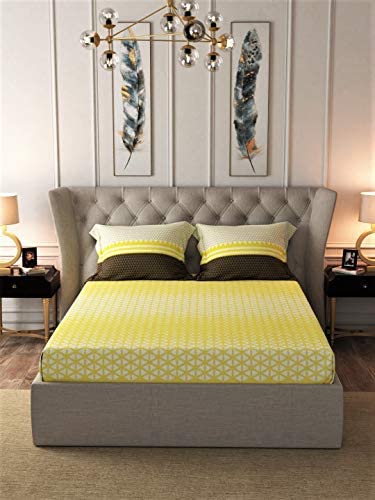 Image of Urban Space Divine Collection 160 TC 100% Cotton Double Bedsheet with 2 Pillow Covers, Triangles,Yellow