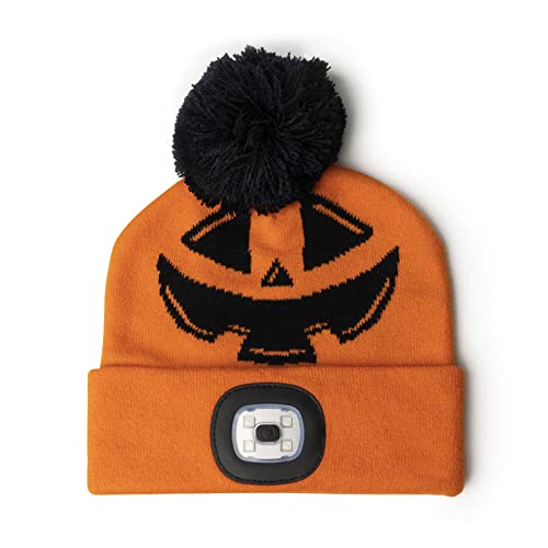Kids LED Rechargeable Halloween Knit Beanie Head Lamp Hat for Boys and Girls - Pumpkin
