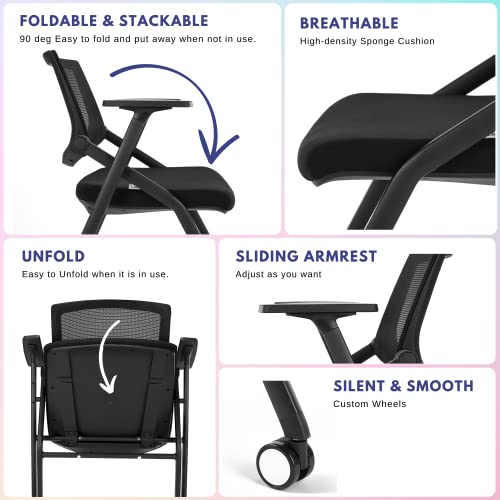 20 Chairs Stackable Conference Room Chairs With Wheels And Paddle - Ergonomic Mesh Back And Arms For Meeting, Conference, Reception, Training Room Chair & Office Desk Folding Chairs, Set Of 20, Black #TOP1