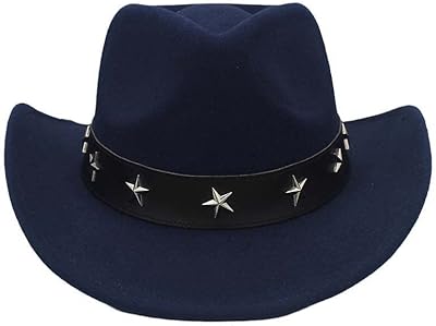 Men Women Wool Blend Western Cowboy Hats Wide Brim Sunhats Party Travel Sombrero Outdoor Caps Classical Navy Blue M