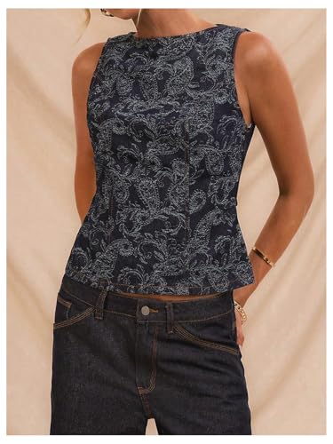MakeMeChic Women's Floral Denim Vest Crew Neck Zip Back Sleeveless Elegant Jean Tops3