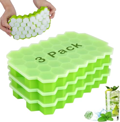 Zupaya Silicone Ice Cube Trays with Lid – 37 Hexagon Cubes Each BPA-Free Easy Release Tray Pack of 3