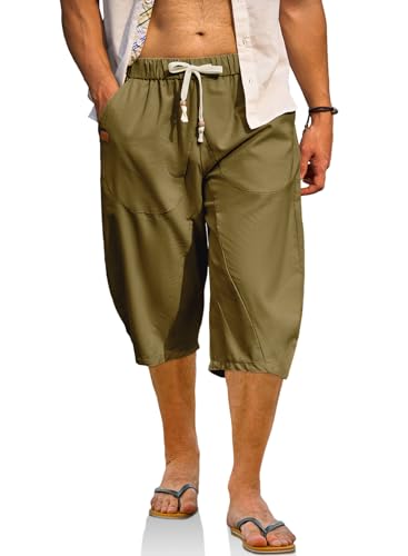 Men's Linen Harem Capri Pants - Loose Fit 3/4 Length Drawstring Waist Beach Yoga Trousers