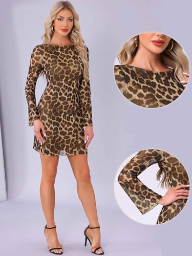 Image of Allegra K Leopard Print Dress for Women's Mesh Long Bell Sleeve Backless Mini Dresses