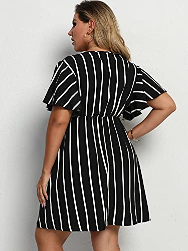 Floerns Women's Plus Size Striped Print Wrap V Neck Short Sleeve A Line Dress Black 2Xl #TOP22