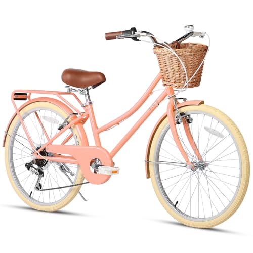Glerc Missy Crucero donna 24 pollici bici da bambino 6 velocità ibrida giovanile urban bike, adatta a ragazzi di 12, 13, 14, 15 anni, con cestini in salice, Bianco