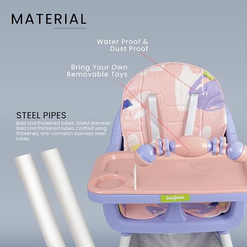 Image of Baybee 3 in 1 Auro Baby High Chair for Kids | Feeding Chair with 3 Height Adjustable & Basket, Booster Seat with Food Tray, Toy Bar & Safety Belt | High Chair for Baby 6 Months to 4 Years Boys Girls (Pink)