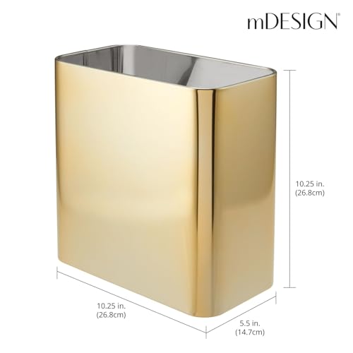 Image of mDesign Small Metal 2.4 Gallon /9 Liter Trash Can Wastebasket Garbage Bin for Bathroom, Slim Rubbish Waste Bin Trashcans - Mirri Collection - Soft Brass