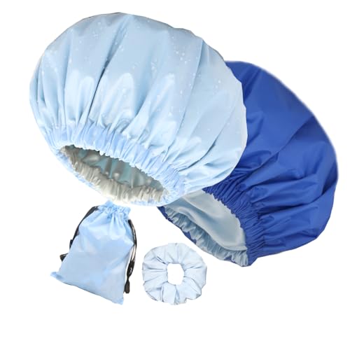 Bonnet de douche double couche réversible bleu élastique ajustable grand volume x2
