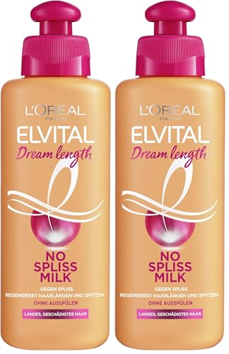L'Oréal Paris Elvital Leave-In Haarkur gegen Spliss, Für langes, geschädigtes Haar, Ohne Ausspülen, Ohne Parabene, Mit Rizinus-Öl, Dream Length No Spliss Milk, 1 x 200 ml (Packung mit 2)