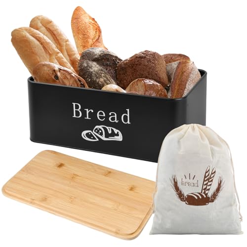 Samlonge Brotkasten mit Deckel, Retro Brotbox mit Brotbeutel, Brotaufbewahrungsbox mit Deckel als Schneidebrett, Brotaufbewahrung, für Brot, Brötchen und Backwaren, für Längeres und Frische (Schwarz)
