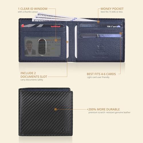 Image of Oak Leathers Slim Leather Wallet for Men - RFID Blocking Slim Minimalist Front Pocket - Thin & Stylish with ID Window, Gift For Men (Black Carbon /Navy)