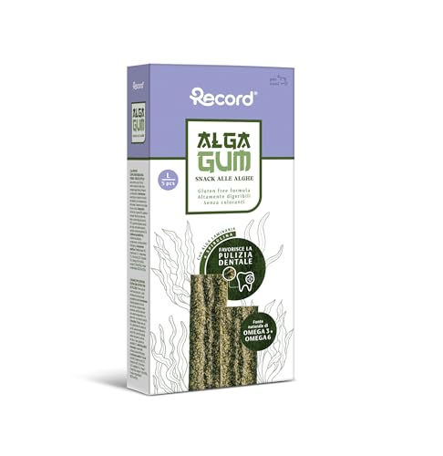 Record - Snack Dentali per Cani 'Alga Gum' con Alga Laminaria e Spirulina, L, 5 stick. Masticativi con Azione Antiplacca, Antitartaro e Contro l'Alitosi. Ricchi di Omega 3-6, Naturali e Gommosi