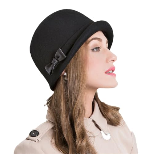 Bciopll Schwarzer Wollfilz-Fedoras-Hut für Damen, Kirchenkappe, Damen-Glockenhut, Winter, Schlapphut, Bowler-Cap, schwarze Wollmütze, 56–58 cm, Schwarze Wollmütze, Einheitsgröße