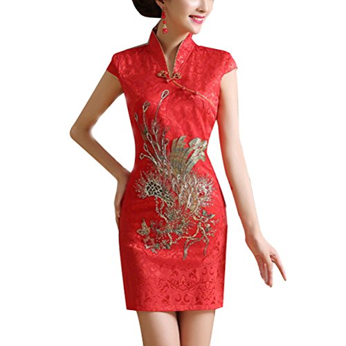 OULII Mujeres Cheongsam Chino Manga Corta Qipao Slim Rojo Vestido de Noche...