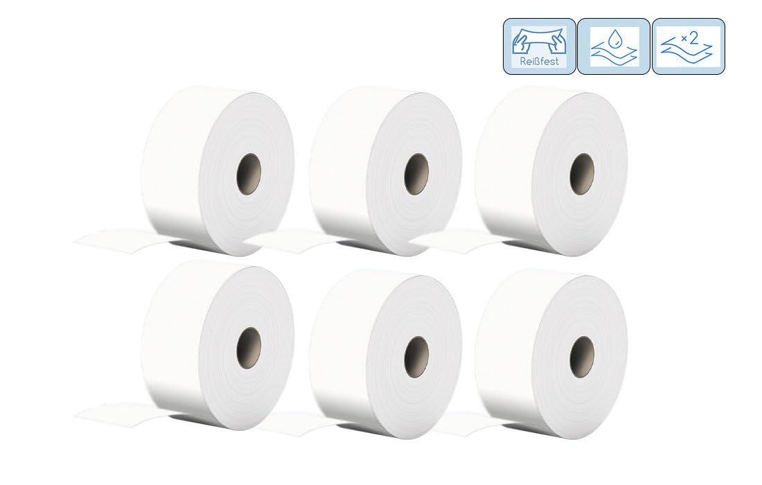 Jumbo Toilettenpapier 2-lagig 6000 Blätter, Klopapier - 6 Rollen Großpackung, WC-Papier für Spender, Weiß