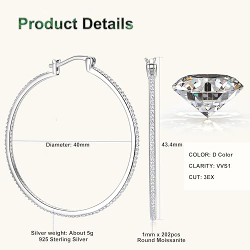 30/40mm Moissanite Hoop Earrings, D Color VVS1 Clarity 925 Sterling Silver Large Thin Huggie Earrings for Women Wife Mom Birthday Wedding Jewelry Gifts2