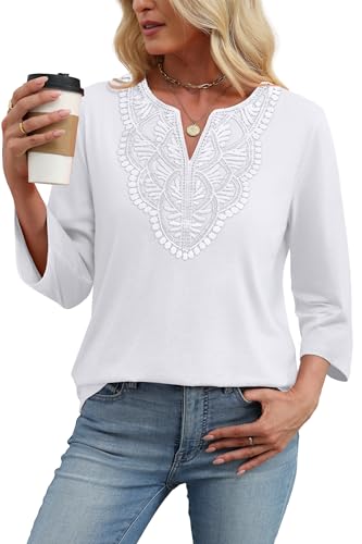 Image of WIHOLL 3 /4 Length Sleeve Womens Tops Boho V Neck Lace Shirt Trendy Blouses Dressy Casual Vacation Clothes S-3XL