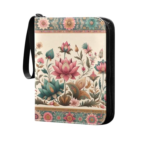 FLildon Artistic Lotus Flowers Card Binder 4 Pocket Trading Card Album Fits 400 Sports/Game Cards, PU Cover 3 Ring Card Collection with 50 Removable Sleeves