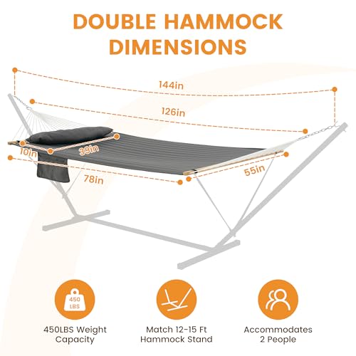 Lazy Daze Hammocks 10.5FT 2 Person Double Quilted Fabric Hammock with Spreader Bar, Detachable Pillow, Side Pocket, Carabiners, Chains, Straps for Outdoor, 450lbs Capacity, Grey by Lazy Daze Hammocks - Used condition - Image 3