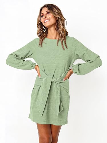 Image of PRETTYGARDEN Women Crewneck Long Sleeve Short Fall Dresses | Elegant Lantern Sleeve, Wrap Tie Waist, Casual Short Work Dress, Knit Fall Cocktail Dresses, Office Wear