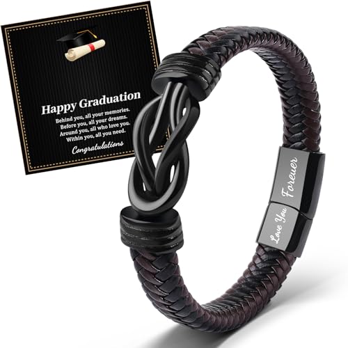 VU100 Graduation Gifts for Him Graduation Gift Ideas Class of 2025 Gifts Leather Bracelet for Men Inspirational Gift for Friends Boy Men Son (Brown)