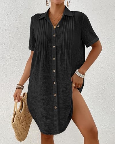 Bsubseach Swimsuit Coverup for Women V Neck Bathing Suit Cover Up Short Sleeve Causal Bikini Button Down Shirt2