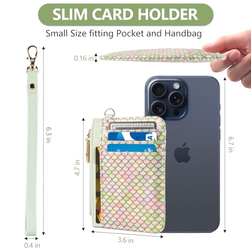 Small Wallet Mermaid RFID Protected Leather Credit Card Holder Slim Wristlet Strap Wallet with Zipper Pocket, Card Organizer for Women Girls(Light Green)3