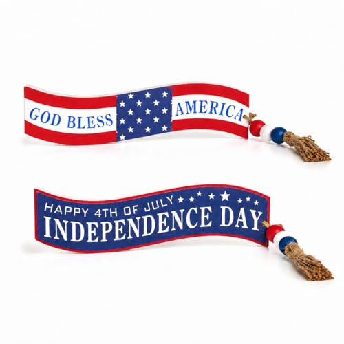 YeehaWhoo 4th of July Table Decorations 9.2", Red White and Blue Patriotic Decor for Home Shelf Tiered Tray Coffee Bar, 2pcs America USA Wooden Table Centerpieces for 250 Anniversary