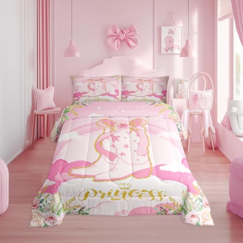 Manfei Cowgirl Boots Kids Full Comforter Sets,Western Pink Girly Reversible Bedding Set for Girls Children,Kawaii Girl Boots Bowknot 3 Pieces Quilt Sets,South West Pink Duvet Insert,2 Pillow Cases