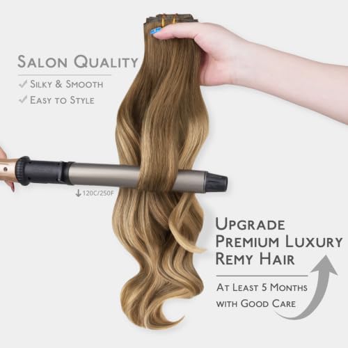 Image of WENNALIFE Invisible Edge Seamless Clip in Hair Extensions Real Human Hair | 22'' 150g 7pcs Balayage Chestnut Brown Mixed Dirty Blonde. Thin PU Weft, Easy, Comfortable Clip in Remy Hair Extensions