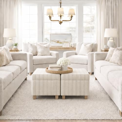Image of HomePop 18 inch Classic Square Storage Ottoman - Marigold Pinstripe Cream