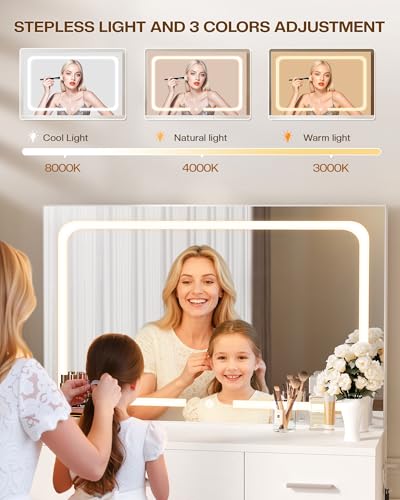 Image of LIVELYGLOW 35.4 inch White Vanity Desk Set with Full-Width LED Mirror & Stool | 3 Lighting Modes, Charging Station, Cushioned Stool, 4 Drawers