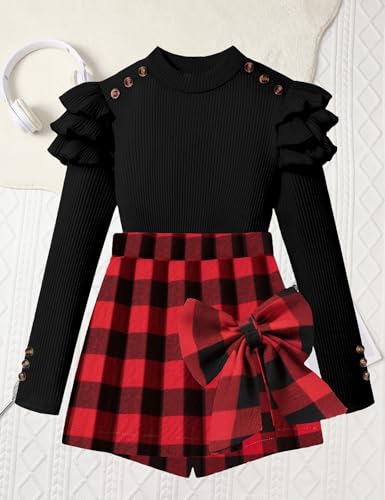 Image of Girls Clothes 2 Piece Ruffle Long Sleeve Shirt Top and Bow Plaid Skirt Set Girls Fall Winter Outfits 6-16 Years